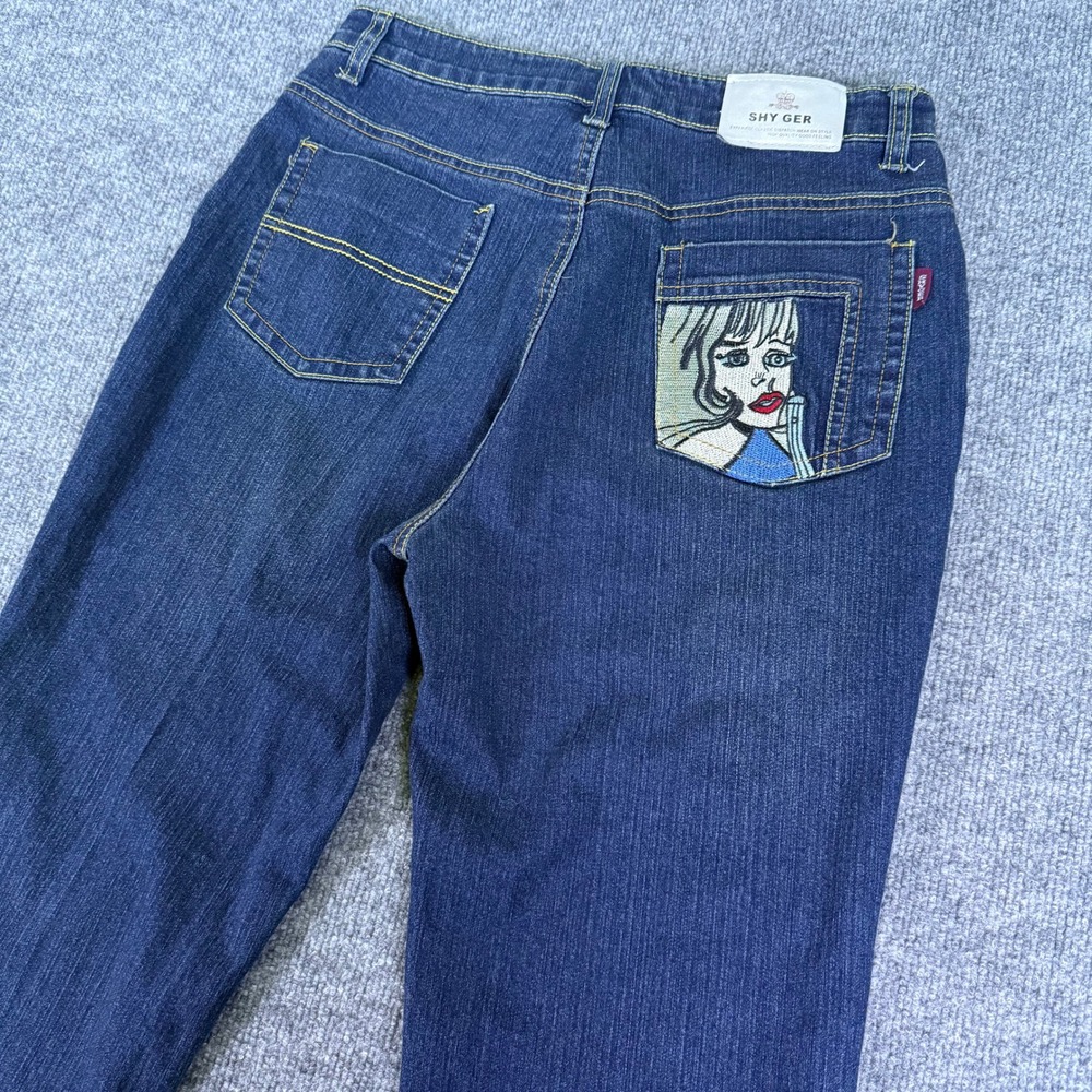 Vintage Y2K SHY GER Women's Embroidered Blue Denim Jeans Graphic Size XL